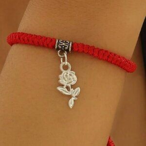 Silver Rose Charm Bracelet Red Textile Double Pull Mother Display Card